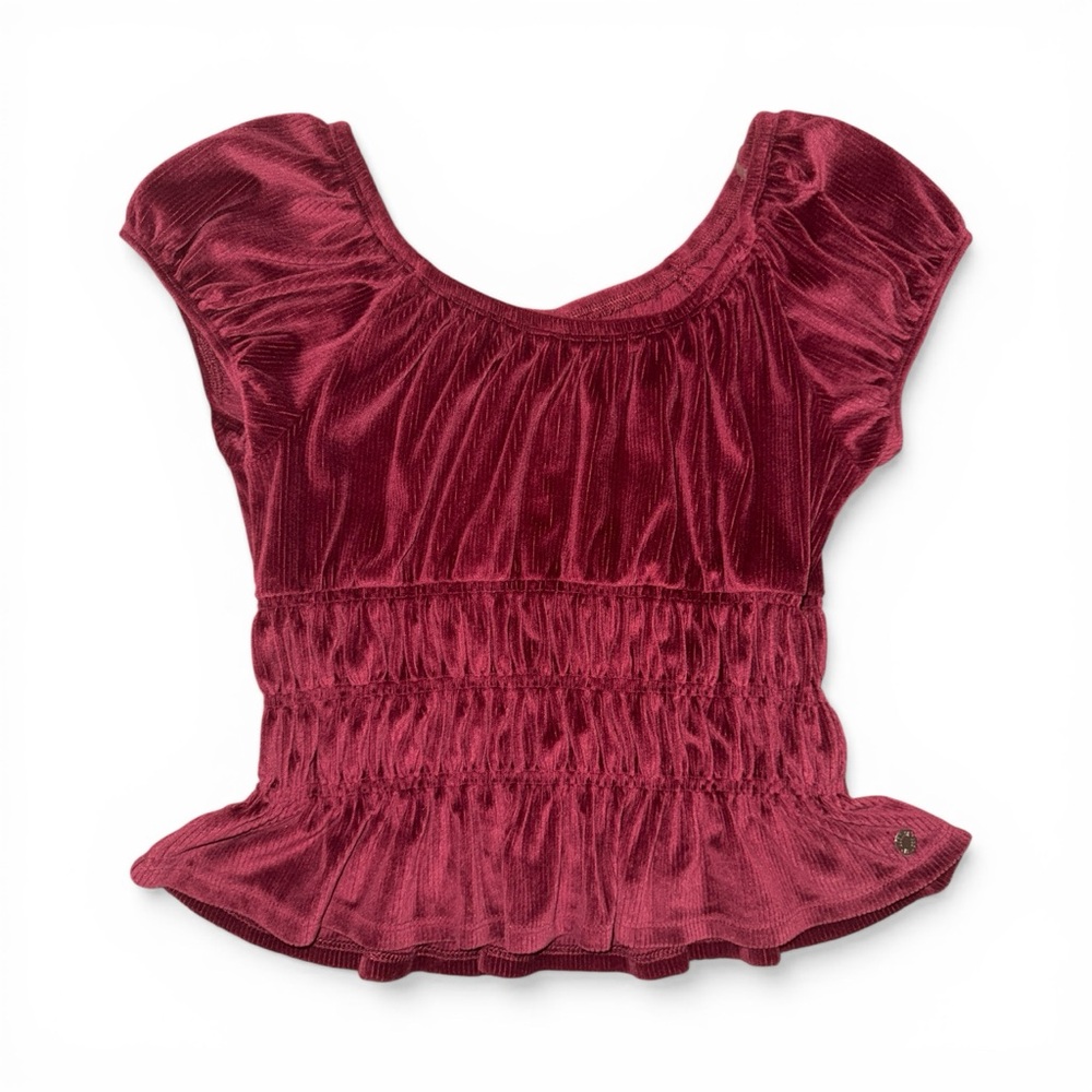 Justice Shirred Scoop Neck Top in Burgundy Short Puff Sleeve Peasant Style Shirt